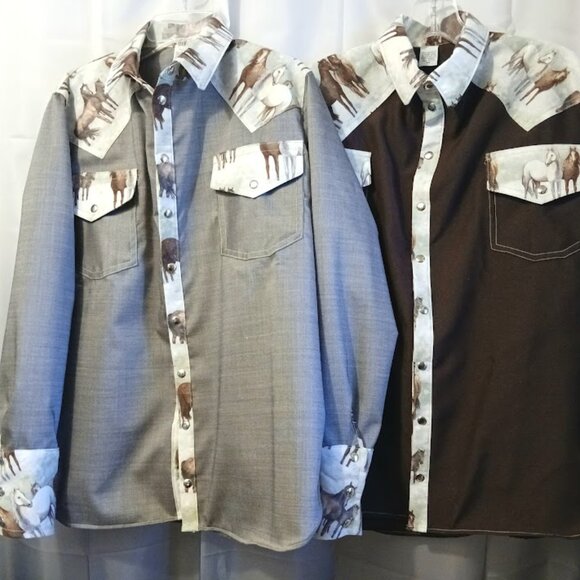 NEW Mens Western Cowboy Snap up Shirt M Dark or Light brown Horses yokes & Cuffs - Picture 2 of 12